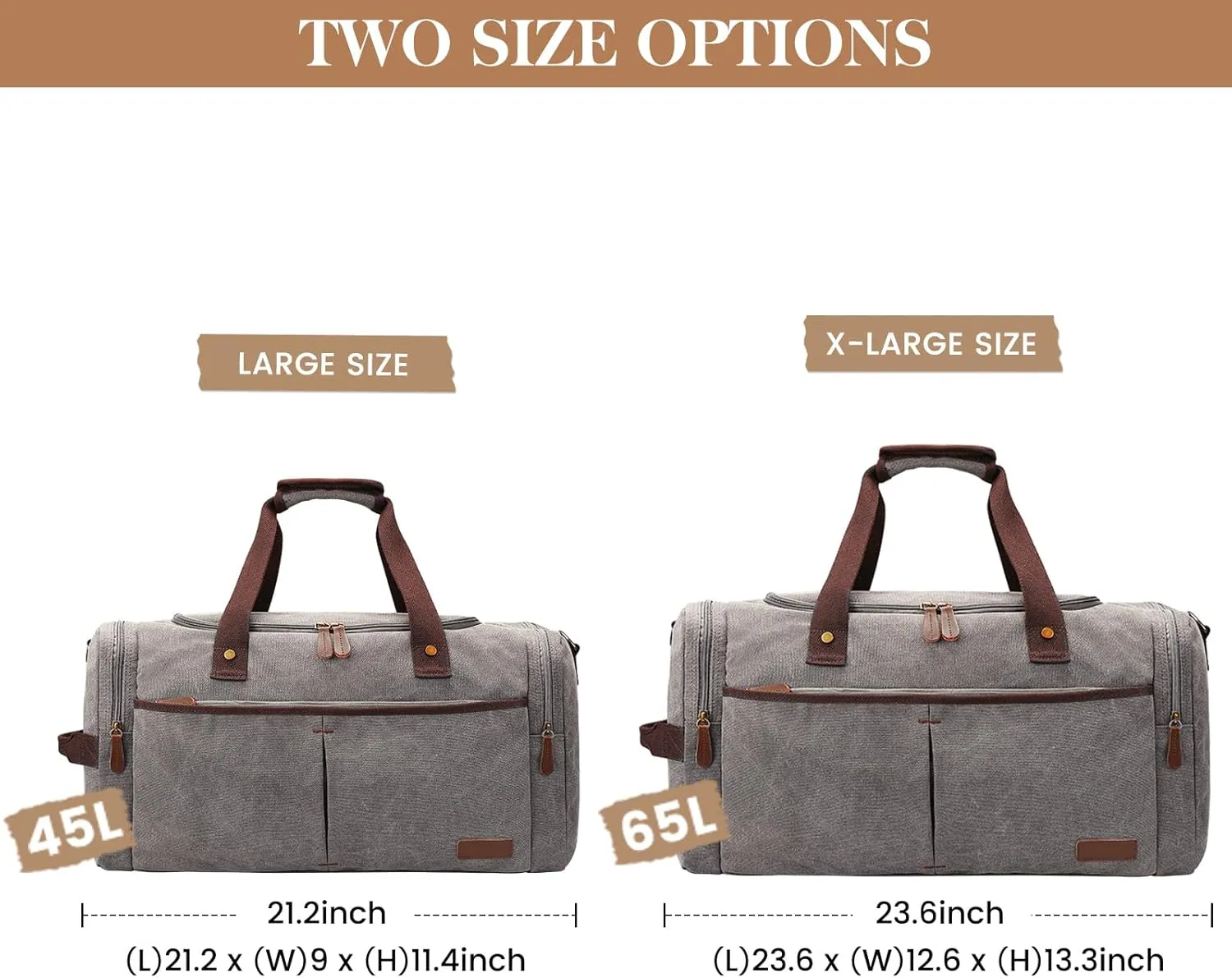 S-ZONE 65L Expandable Canvas Duffle Bag Travel Overnight Holdall Weekend Bag with Shoes Compartment Large Carry On Bag Tote Gym Bag for Men Women, Light Gray, X-Large