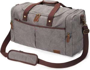 S-ZONE 65L Expandable Canvas Duffle Bag Travel Overnight Holdall Weekend Bag with Shoes Compartment Large Carry On Bag Tote Gym Bag for Men Women, Light Gray, X-Large