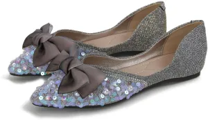 SAILING LU Sequins Flats Bow-Knot Shoes Women Dressy Pointed Toe Bridal Shoes for Wedding Comfortable Loafers Slip-ons