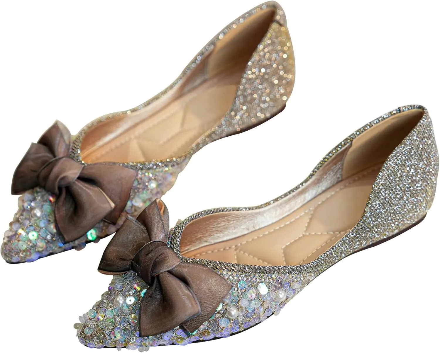 SAILING LU Sequins Flats Bow-Knot Shoes Women Dressy Pointed Toe Bridal Shoes for Wedding Comfortable Loafers Slip-ons