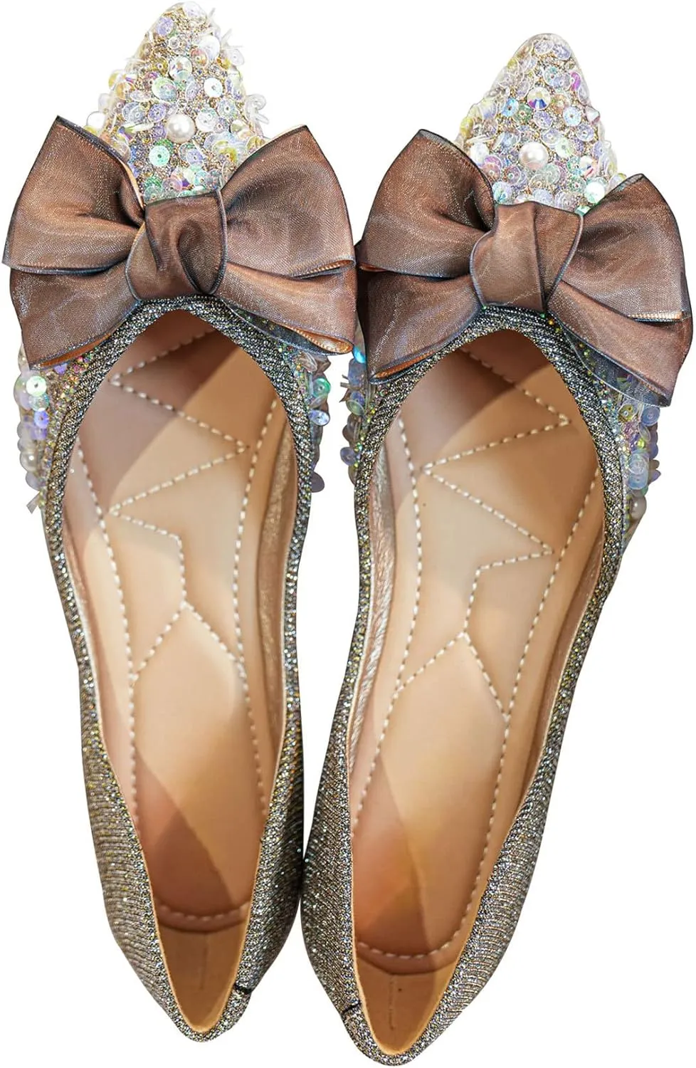 SAILING LU Sequins Flats Bow-Knot Shoes Women Dressy Pointed Toe Bridal Shoes for Wedding Comfortable Loafers Slip-ons
