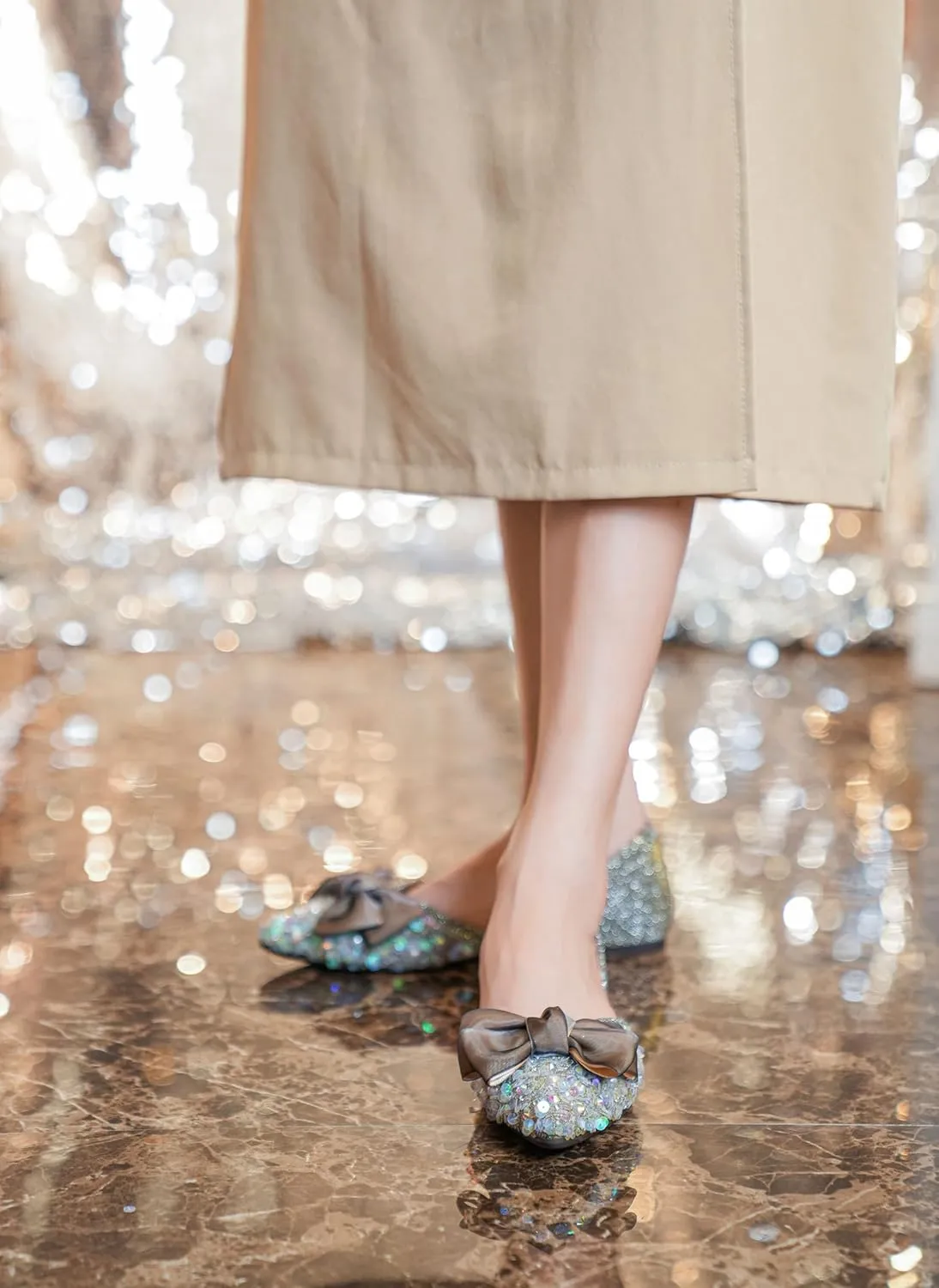 SAILING LU Sequins Flats Bow-Knot Shoes Women Dressy Pointed Toe Bridal Shoes for Wedding Comfortable Loafers Slip-ons