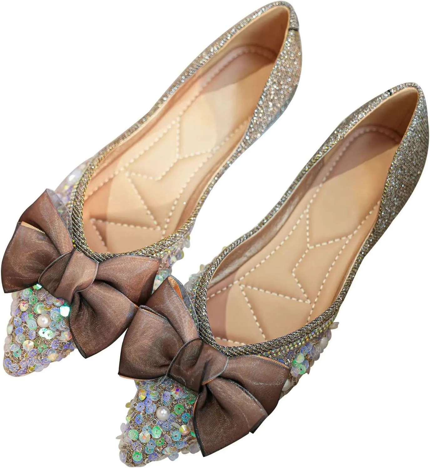 SAILING LU Sequins Flats Bow-Knot Shoes Women Dressy Pointed Toe Bridal Shoes for Wedding Comfortable Loafers Slip-ons