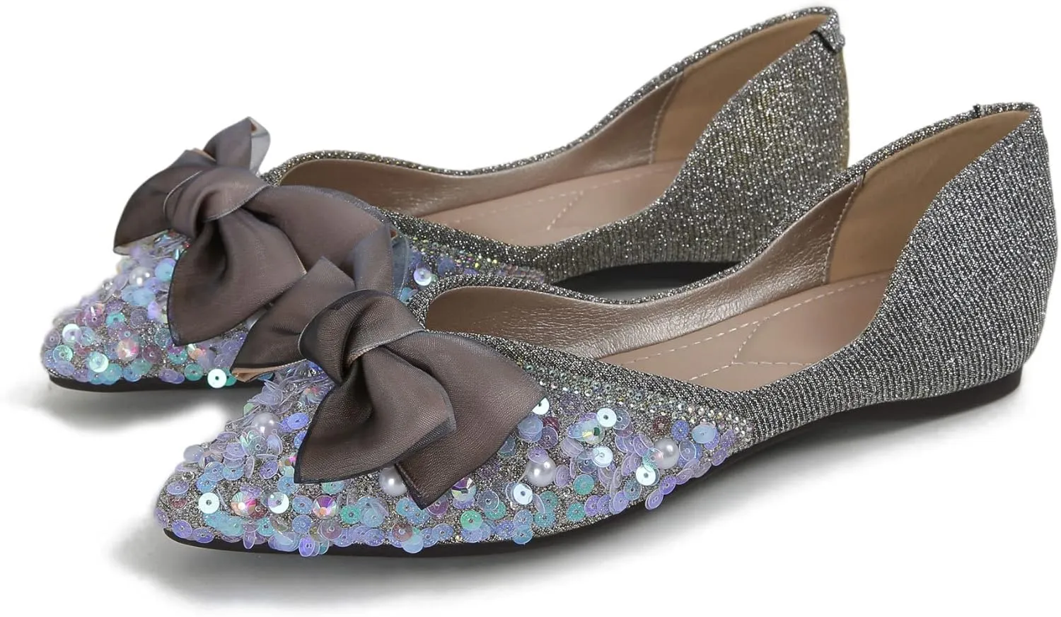 SAILING LU Sequins Flats Bow-Knot Shoes Women Dressy Pointed Toe Bridal Shoes for Wedding Comfortable Loafers Slip-ons