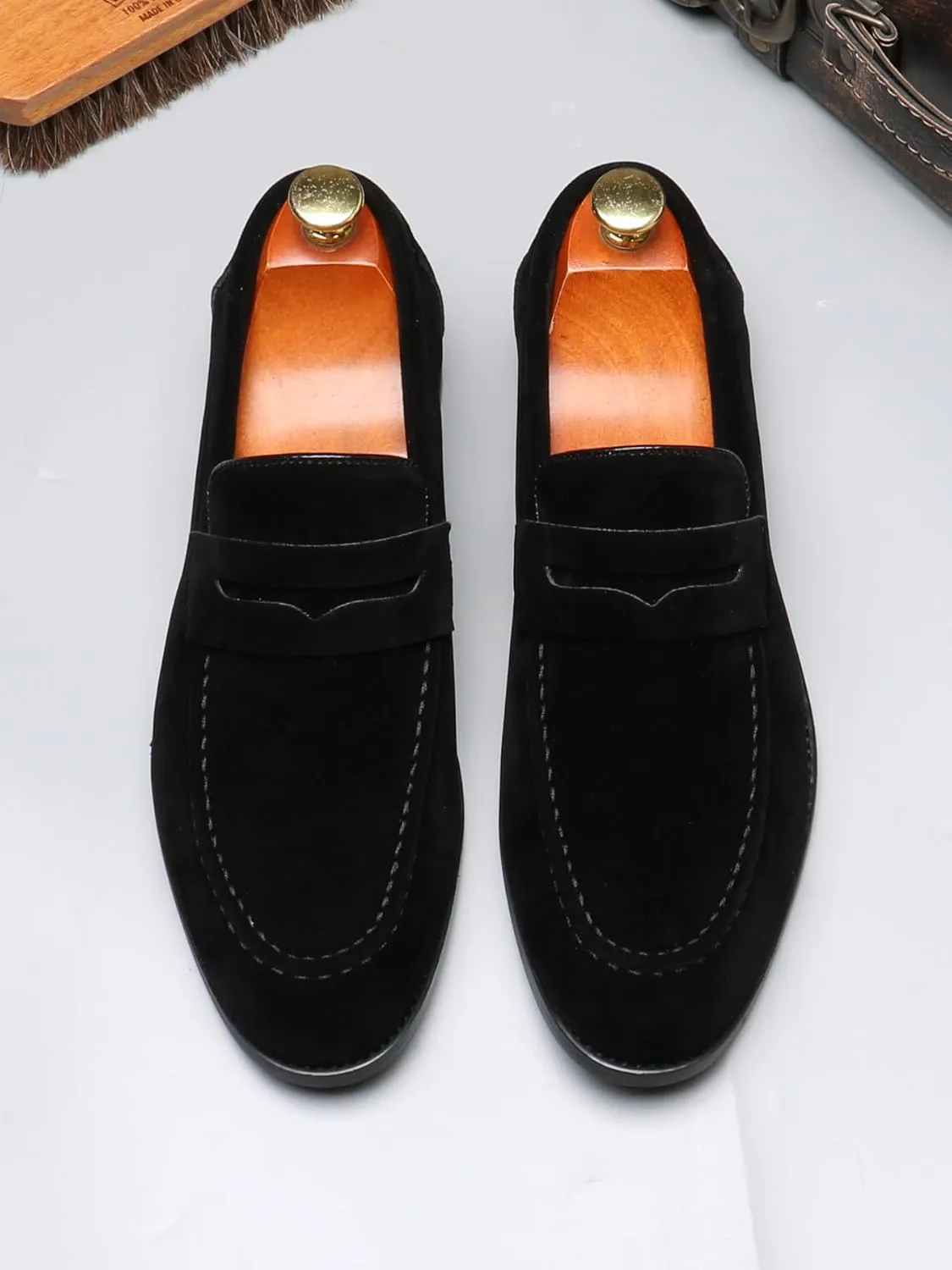 Santimon Penny Loafers for Men, PU Velvet Leather, Moc Toe, Slip-On Dress Casual Office Shoes