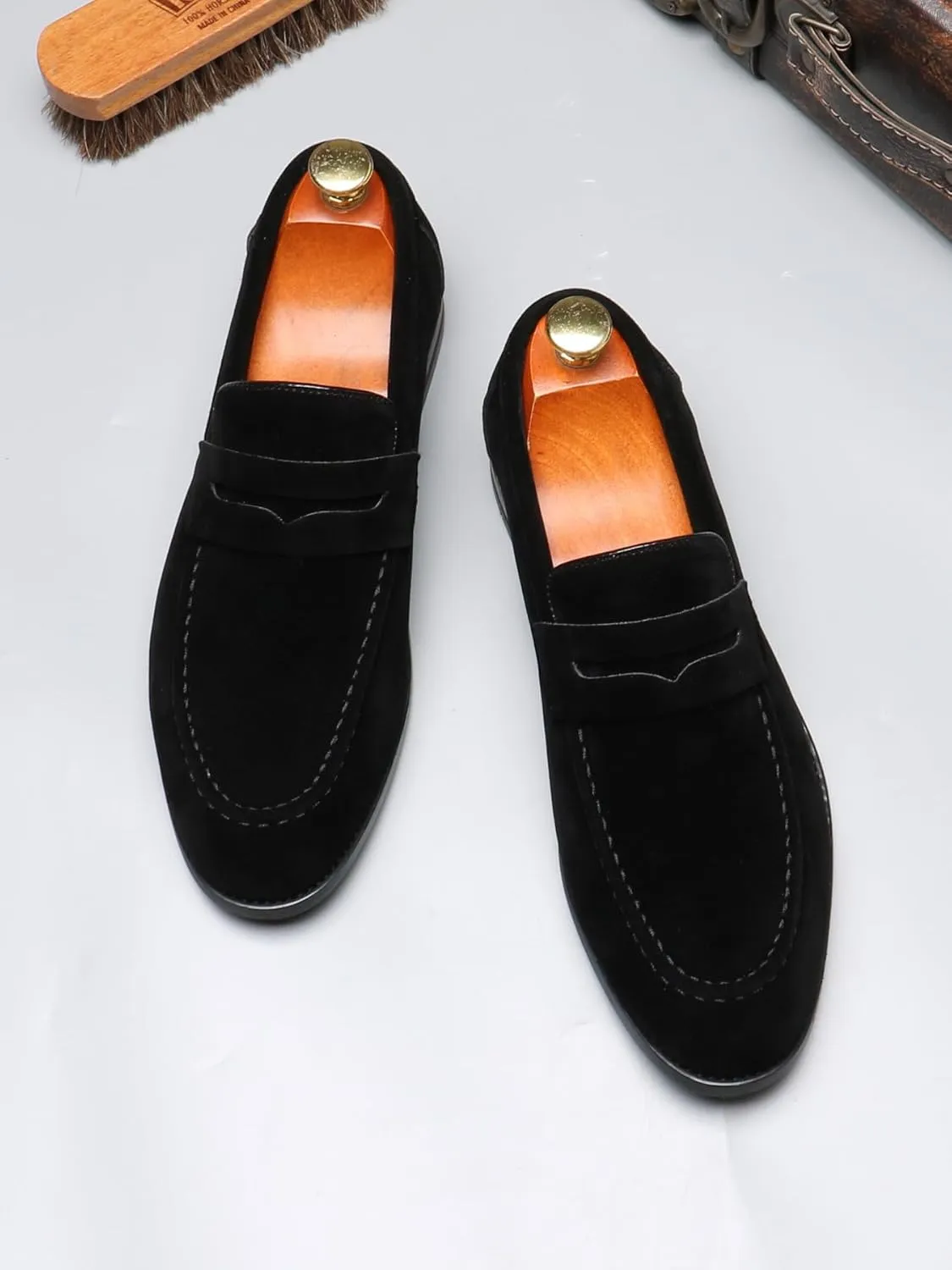 Santimon Penny Loafers for Men, PU Velvet Leather, Moc Toe, Slip-On Dress Casual Office Shoes