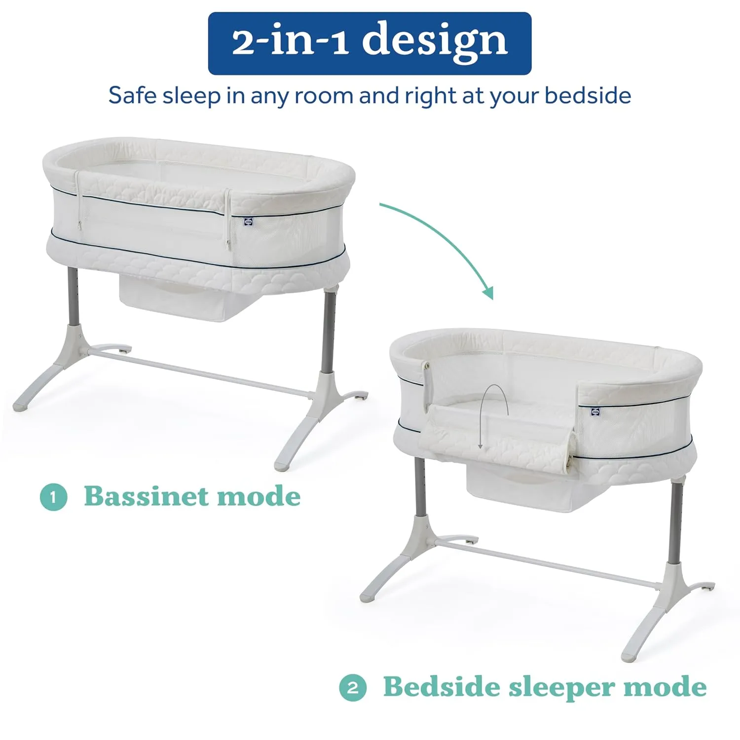 SEALY BABY Cozy Cool Breathable Bassinet & Bedside Sleeper Bed, 2 in 1 Cooling Baby Crib, Safe & Comfortable for Newborn Room Sharing, 9 Height Adjustable Settings, Storage Basket, Drop Down Panel