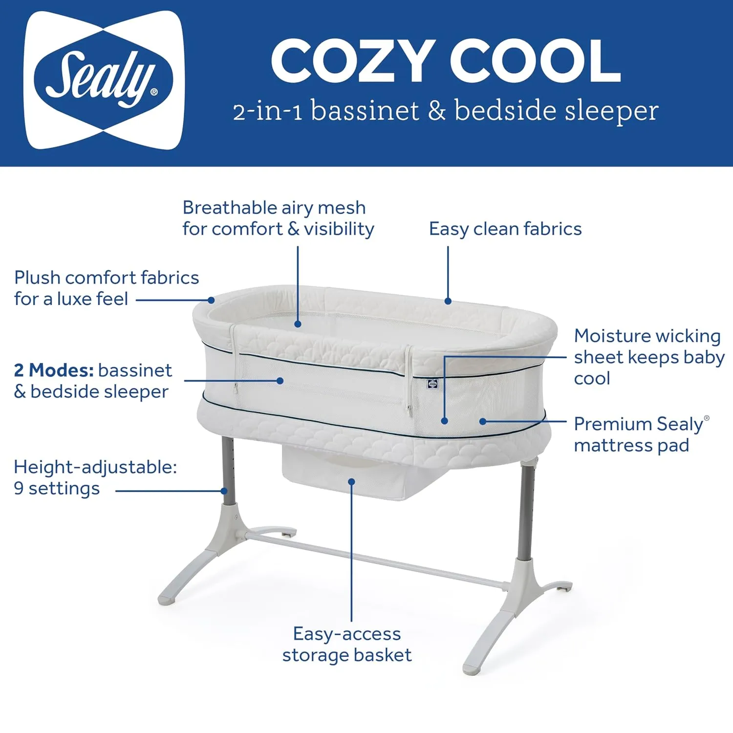 SEALY BABY Cozy Cool Breathable Bassinet & Bedside Sleeper Bed, 2 in 1 Cooling Baby Crib, Safe & Comfortable for Newborn Room Sharing, 9 Height Adjustable Settings, Storage Basket, Drop Down Panel