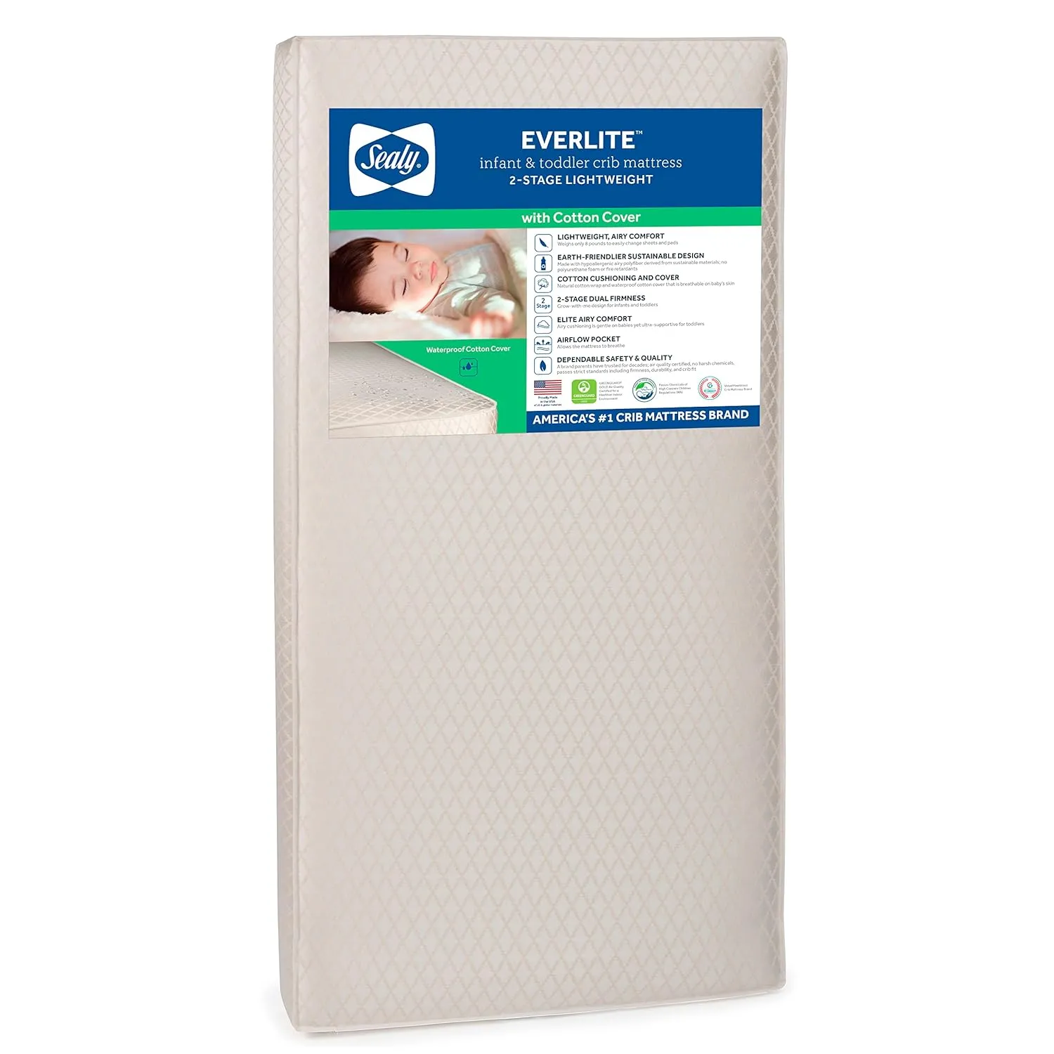 Sealy Baby EverLite Airy Breathable 2 Stage Waterproof Crib Mattress plus Toddler Bed Fit, Firm Foam, Natural Cotton Cover, GREENGUARD Gold Certified, Safety & Quality Tested, Made in USA, 52"X28"