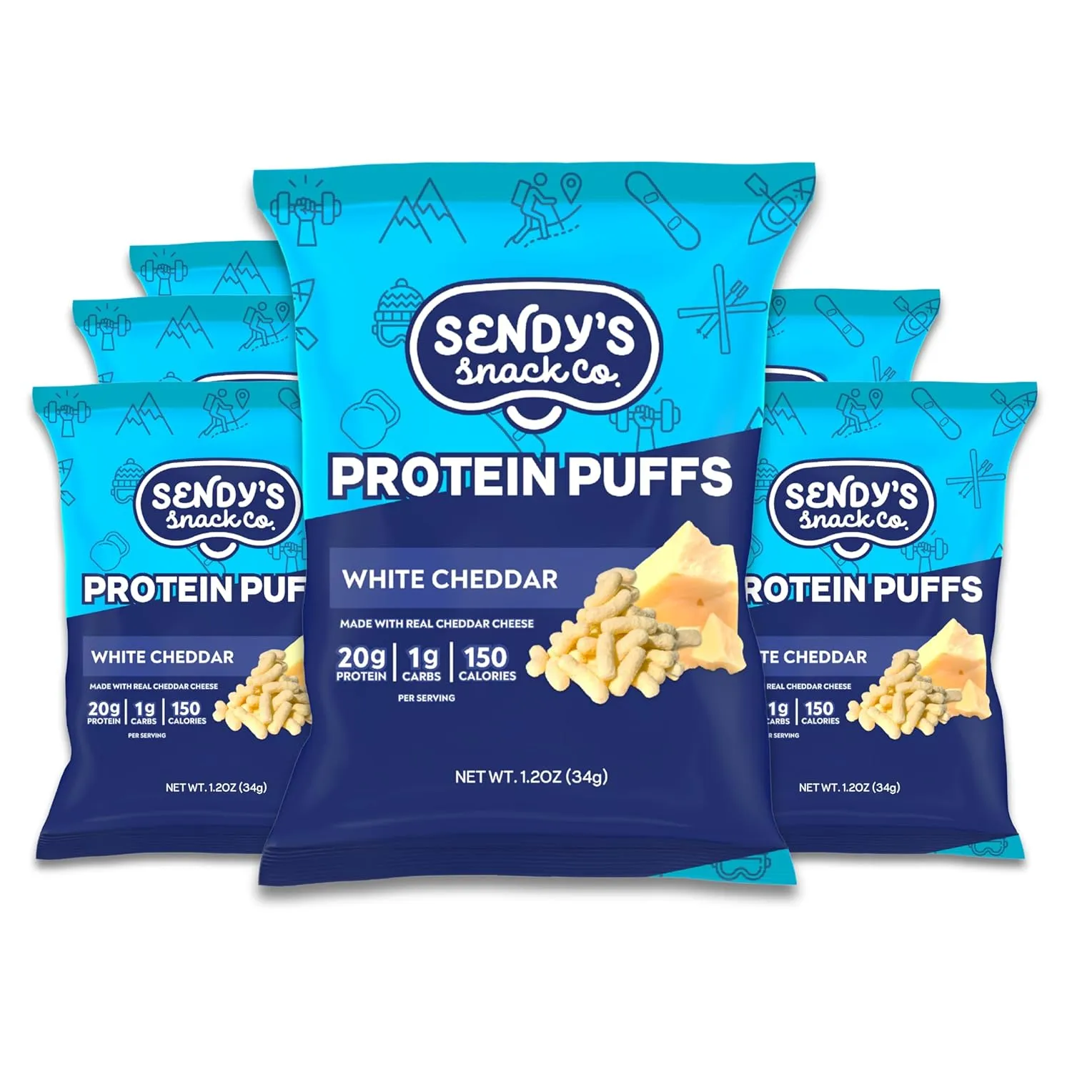 Sendy’s Protein Puffs, Protein Cheese Puffs | High Protein Snack, Keto Snack, Low Carb, Gluten Free, 20g Protein, 1g Carbs | White Cheddar, 6 Pack