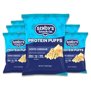 Sendy’s Protein Puffs, Protein Cheese Puffs | High Protein Snack, Keto Snack, Low Carb, Gluten Free, 20g Protein, 1g Carbs | White Cheddar, 6 Pack