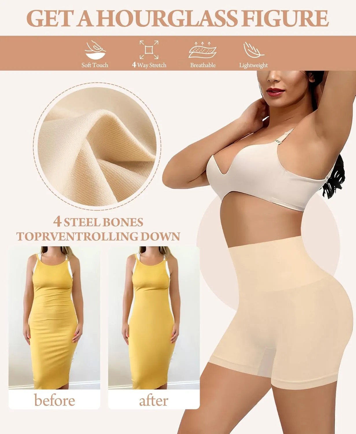 Shapewear Tummy Control Slip Shorts for Under Dress, Women's Boyshorts Underwear Seamless Anti Chafing