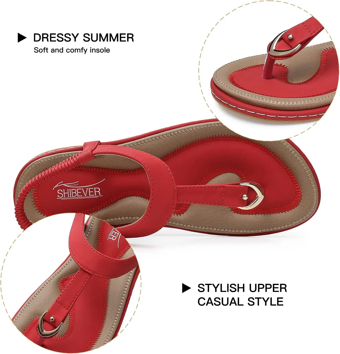 SHIBEVER Womens Sandals Summer Flat: Dressy Casual T-Strap Flip Flop Thong Flats Sandals - Comfortable Walking