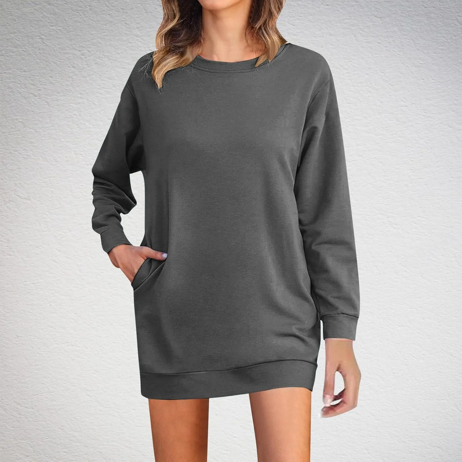Shirt Dresses for Women 2024 Fashion Long Sleeve Sweatshirt Dress Crewneck Mini Dress with Pockets Fall Pullover Top
