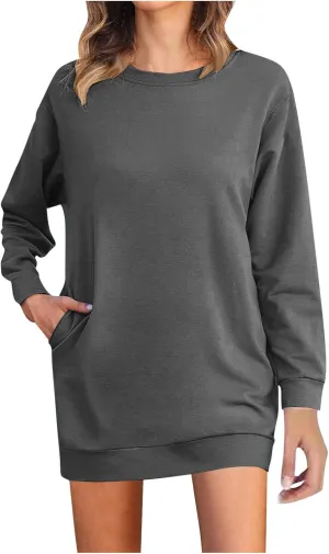 Shirt Dresses for Women 2024 Fashion Long Sleeve Sweatshirt Dress Crewneck Mini Dress with Pockets Fall Pullover Top
