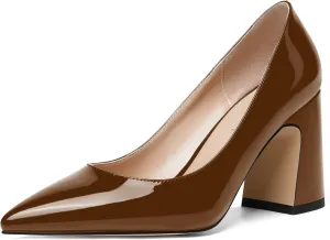 SHOWFOREST Womens Dating Pointed Toe Patent Dress Slip On Chunky High Heel Pumps Shoes 3.3 Inch