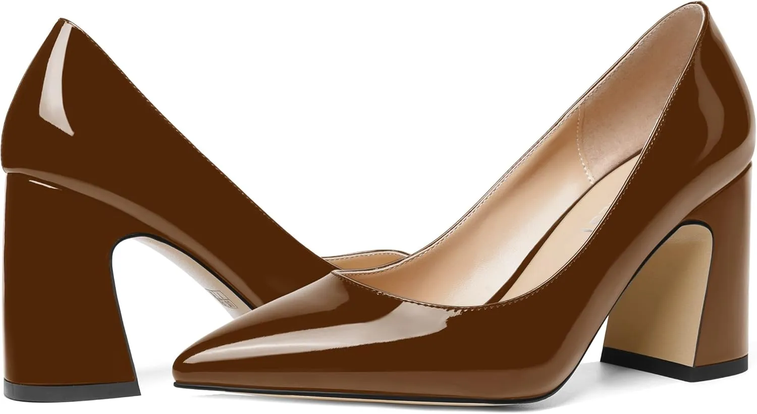 SHOWFOREST Womens Dating Pointed Toe Patent Dress Slip On Chunky High Heel Pumps Shoes 3.3 Inch
