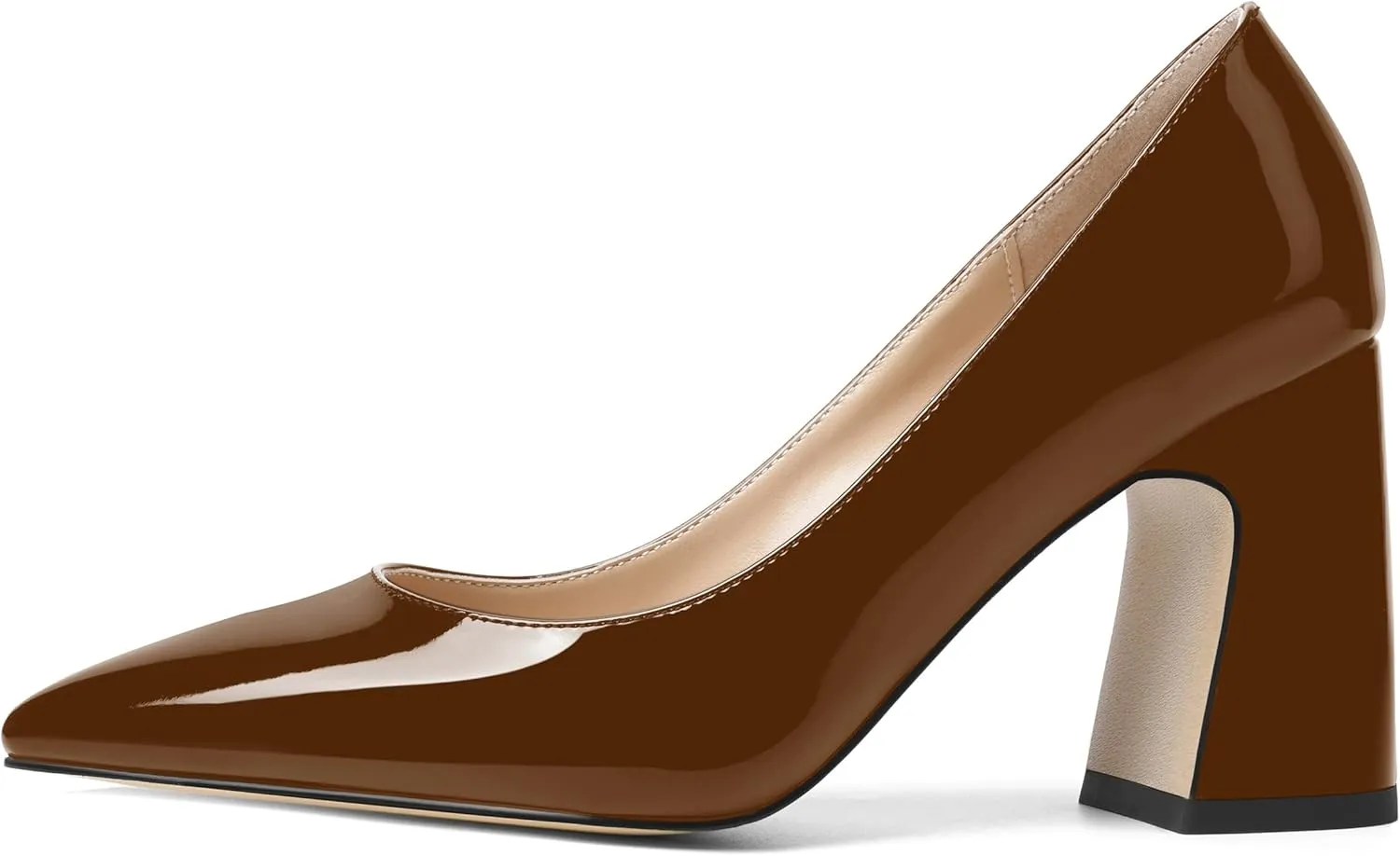 SHOWFOREST Womens Dating Pointed Toe Patent Dress Slip On Chunky High Heel Pumps Shoes 3.3 Inch