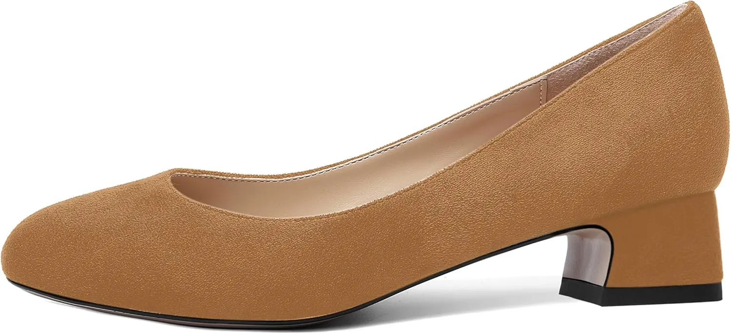 SHOWFOREST Womens Dress Solid Business Suede Round Toe Slip On Chunky Low Heel Pumps Shoes 1.5 Inch