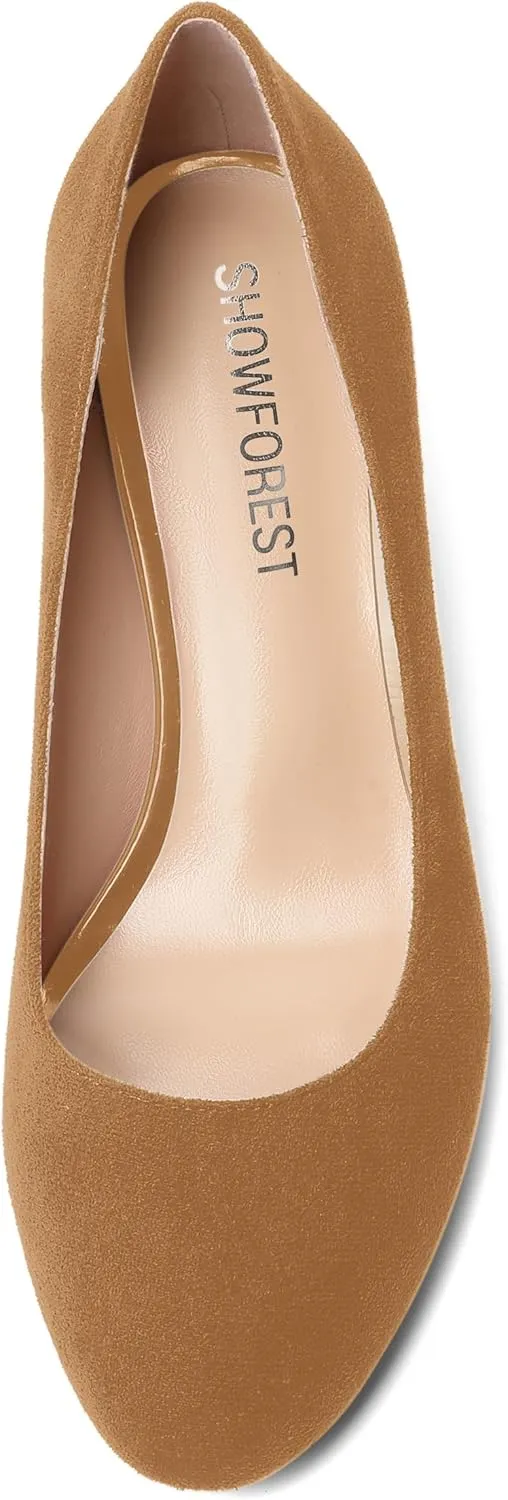 SHOWFOREST Womens Dress Solid Business Suede Round Toe Slip On Chunky Low Heel Pumps Shoes 1.5 Inch