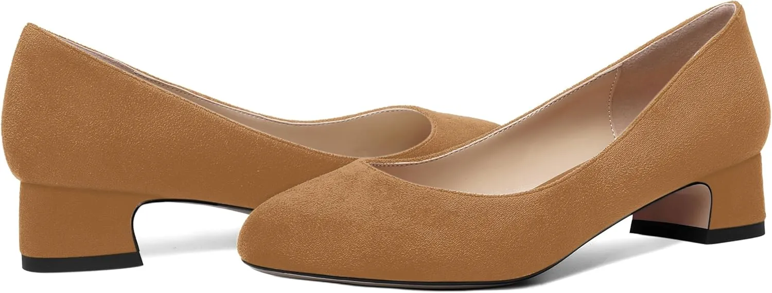 SHOWFOREST Womens Dress Solid Business Suede Round Toe Slip On Chunky Low Heel Pumps Shoes 1.5 Inch