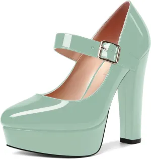 SHOWFOREST Womens Slip On Adjustable Strap Patent Party Platform Sexy Round Toe Block High Heel Pumps Shoes 5 Inch