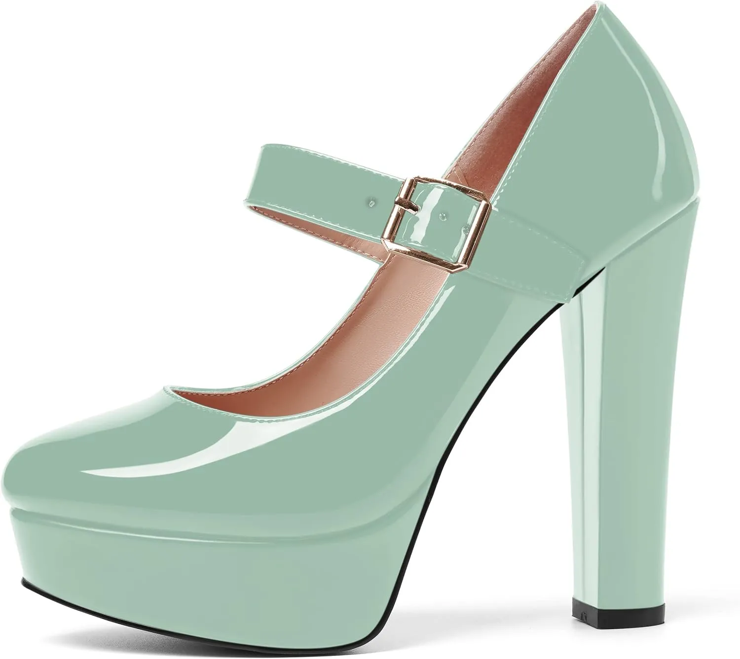 SHOWFOREST Womens Slip On Adjustable Strap Patent Party Platform Sexy Round Toe Block High Heel Pumps Shoes 5 Inch