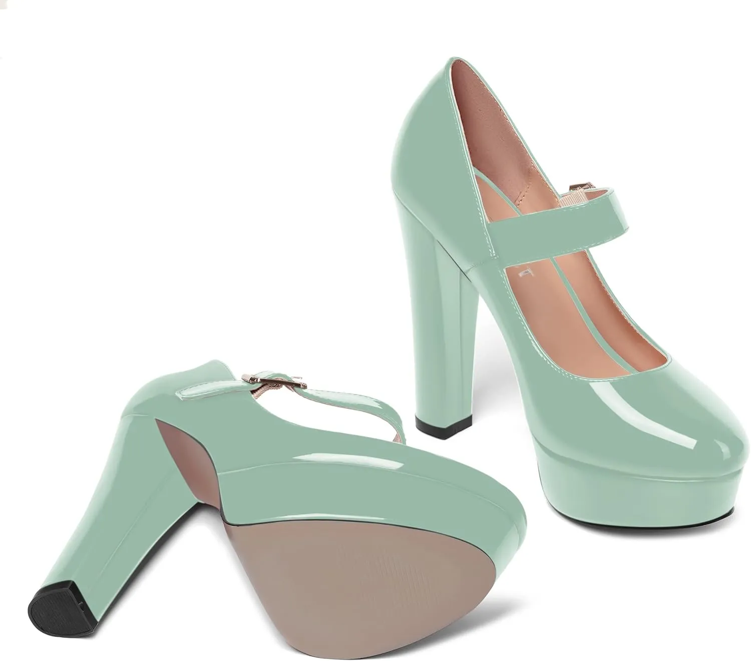 SHOWFOREST Womens Slip On Adjustable Strap Patent Party Platform Sexy Round Toe Block High Heel Pumps Shoes 5 Inch