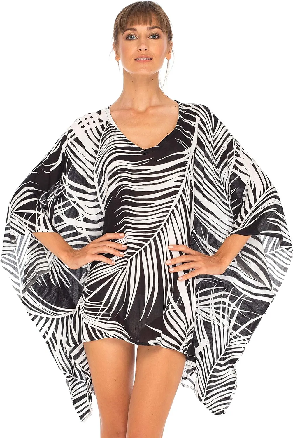 SHU-SHI Womens Short Beach Swimsuit Cover Up Poncho Dress Kaftan Loose Top Floral