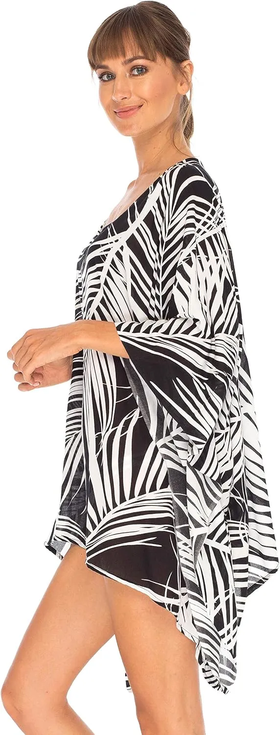SHU-SHI Womens Short Beach Swimsuit Cover Up Poncho Dress Kaftan Loose Top Floral