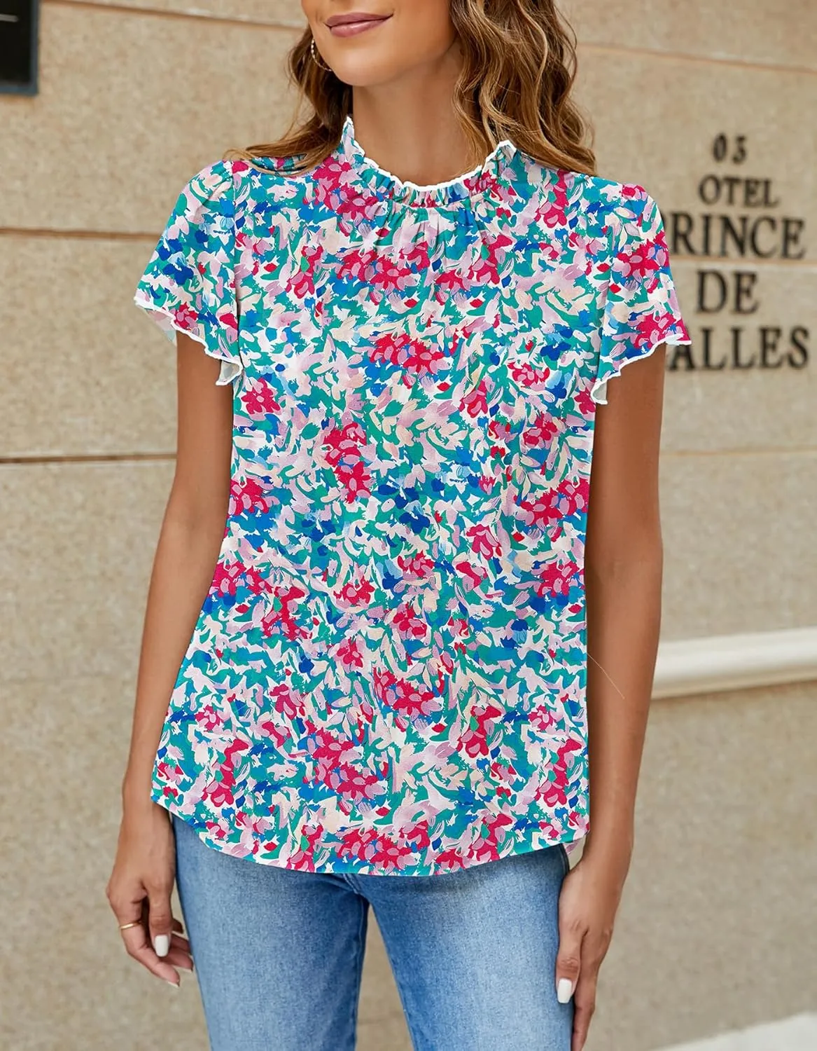 SimpleFun Women Boho Shirts Floral Ruffle Short Sleeve Mock Neck Flowy Casual Summer Blouses Tops