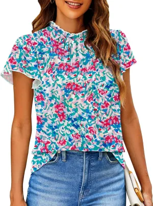 SimpleFun Women Boho Shirts Floral Ruffle Short Sleeve Mock Neck Flowy Casual Summer Blouses Tops
