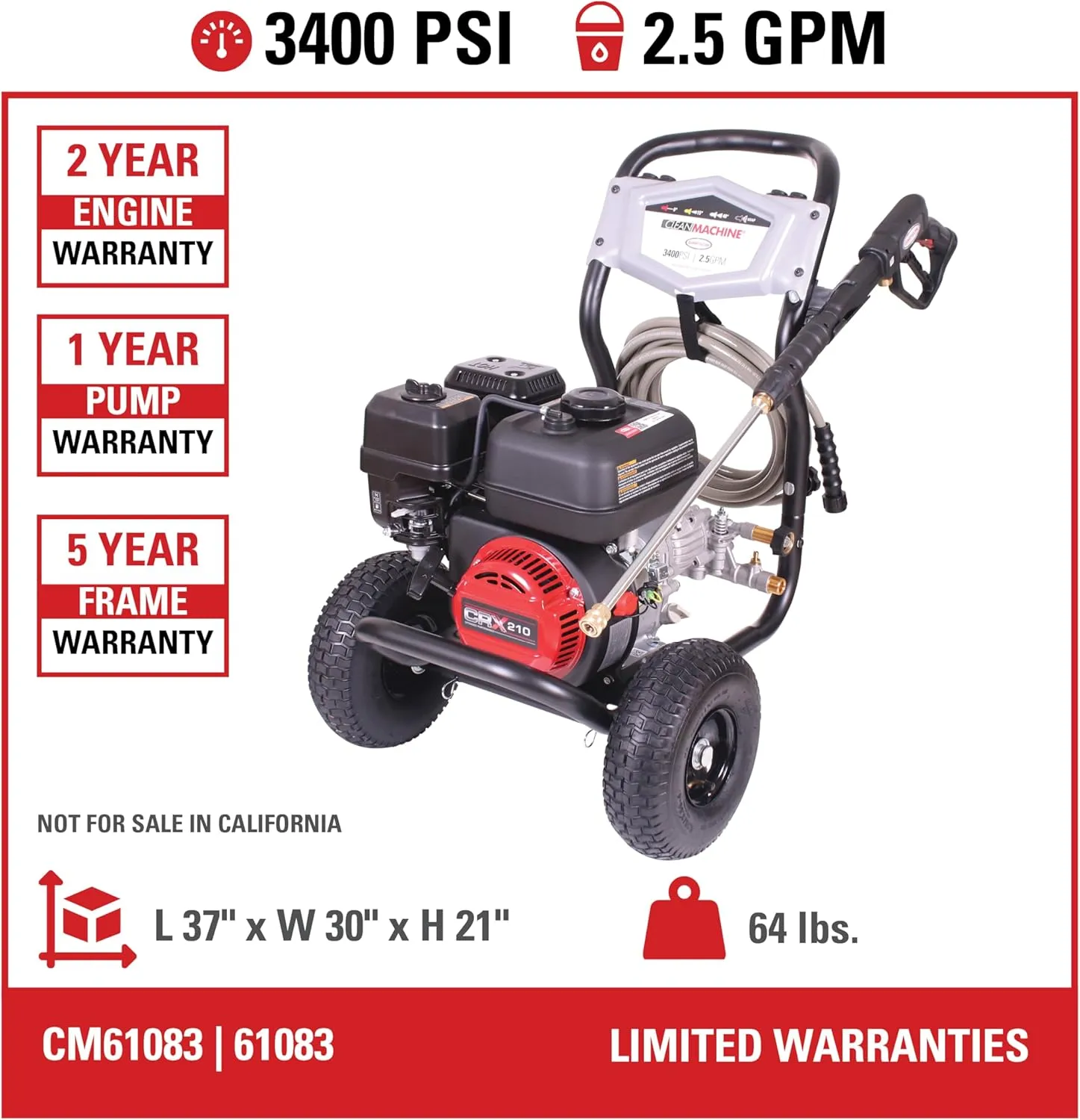 Simpson Cleaning 3400 PSI Gas Pressure Washer, 2.5 GPM Power Washer for Residential Use, CRX Engine, 25-Foot MorFlex Hose, Clean Machine, 49-State (CM61083)