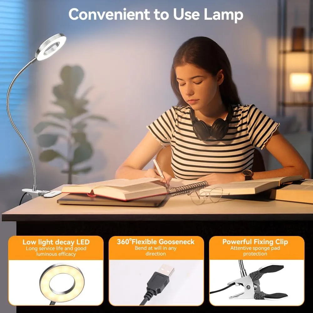 Skymore Clip on Light -3 Color Modes&10 Brightness LED Reading Desk Light with Clamp Flexible Gooseneck Book Light for Kids' Bedtime Reading, Zoom Meetings, Clip on Table, Headboard, Dorm&Office Use