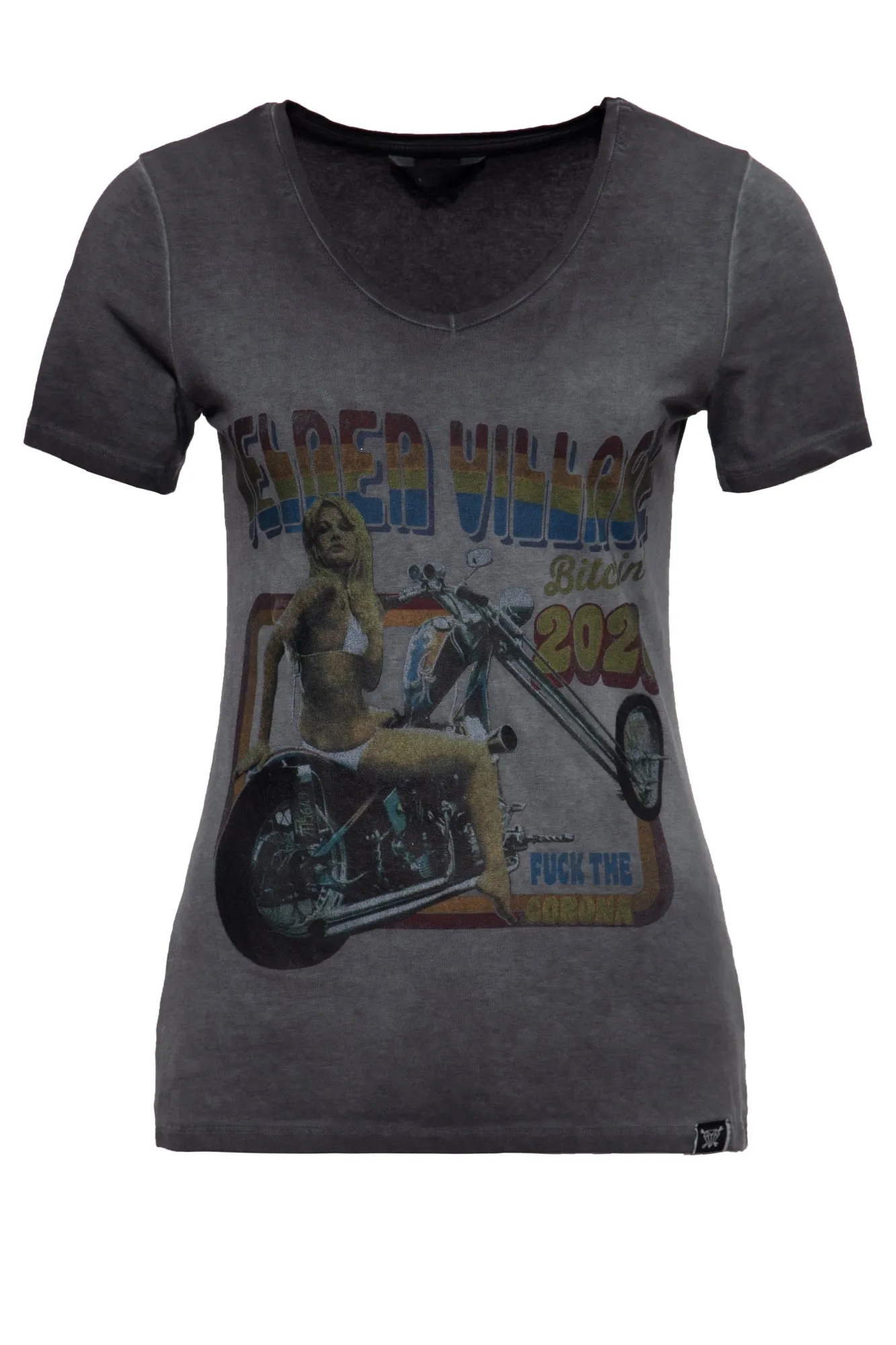 Slim Fit T-Shirt mit Retro-Print und Oilwash-Effekt «Velden Village 2020»