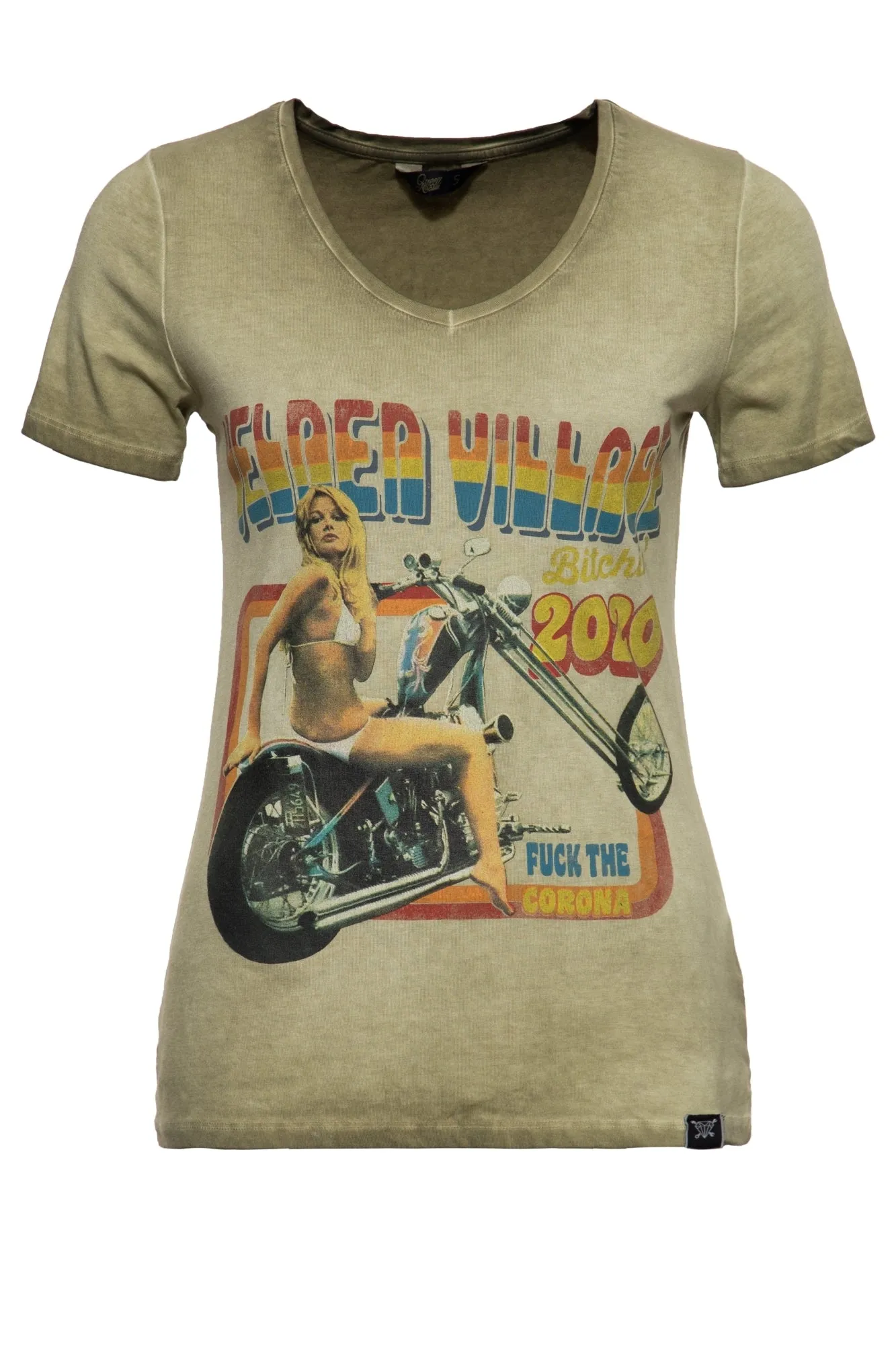 Slim Fit T-Shirt mit Retro-Print und Oilwash-Effekt «Velden Village 2020»