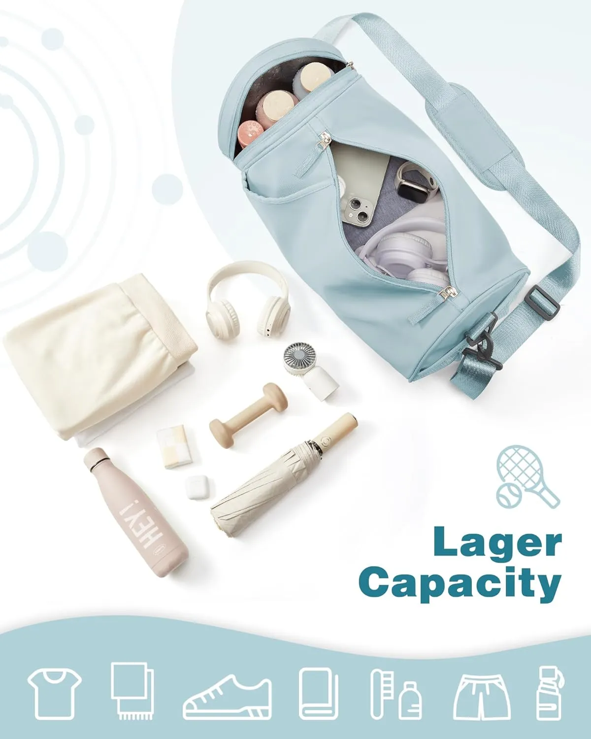 Small Women's Gym Bag - Waterproof Mini Duffle Bag, Travel Duffel with Wet Pocket, Carry On Weekender for Dance, Swimming, Yoga, Fitness - Light Blue