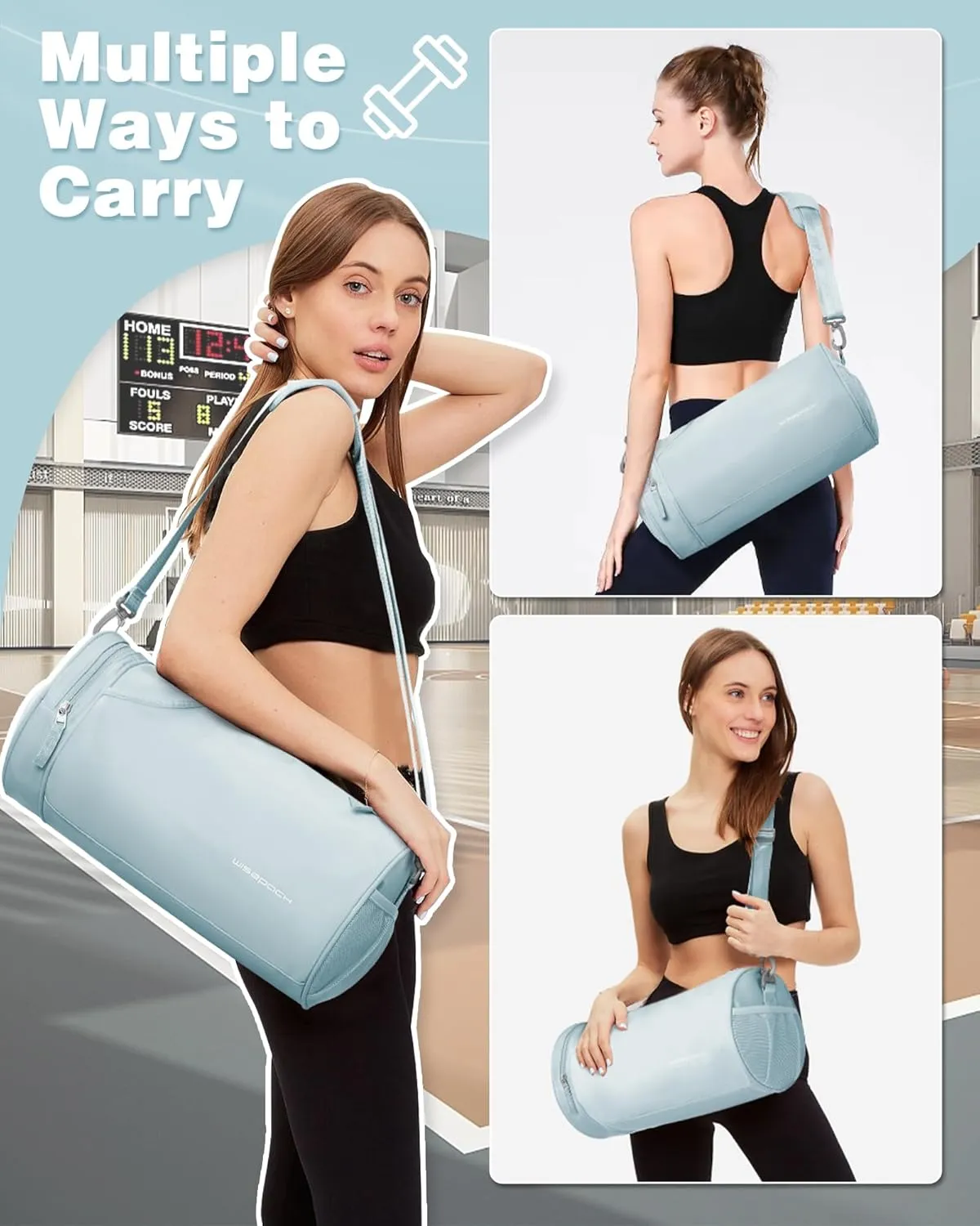 Small Women's Gym Bag - Waterproof Mini Duffle Bag, Travel Duffel with Wet Pocket, Carry On Weekender for Dance, Swimming, Yoga, Fitness - Light Blue