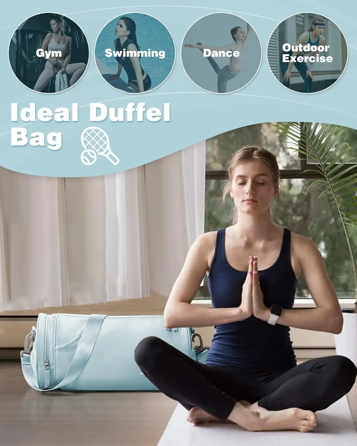 Small Women's Gym Bag - Waterproof Mini Duffle Bag, Travel Duffel with Wet Pocket, Carry On Weekender for Dance, Swimming, Yoga, Fitness - Light Blue