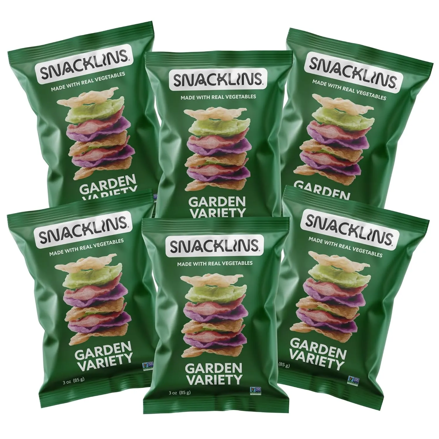 SNACKLINS Plant Based Crisps - Garden Variety - Vegan Healthy Snacks - Gluten Free, Grain Free, Plant Based Crisps, 100% Kosher For Passover, Low Calorie - No Added Sugar, Crunchy, Puffed Snack - 3oz Bag (Case Of 6)