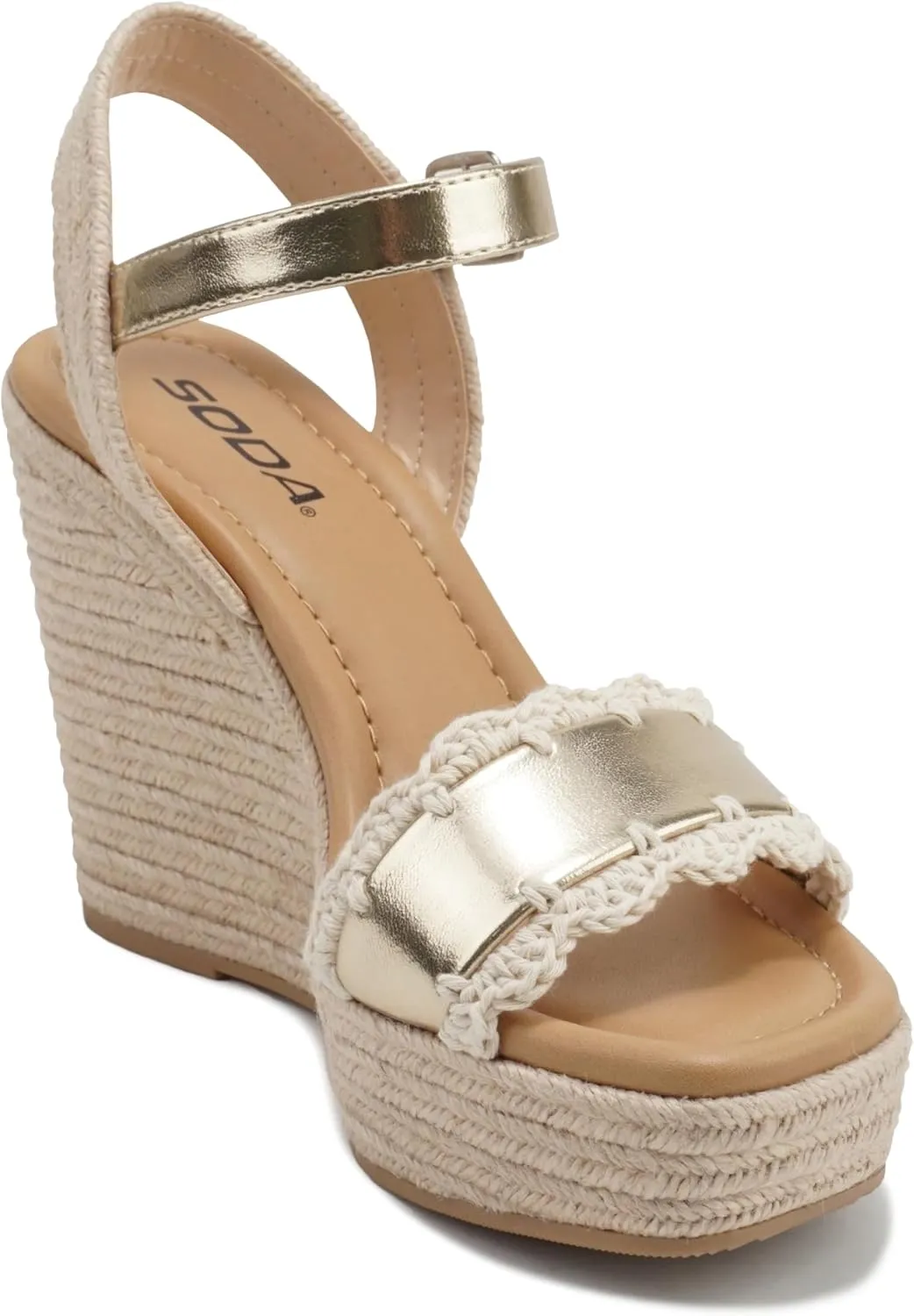 Soda “Virtual” ~ Women Square Toe Woven Single Band Espadrille Wedge Sandal with Adjustable Ankle Strap