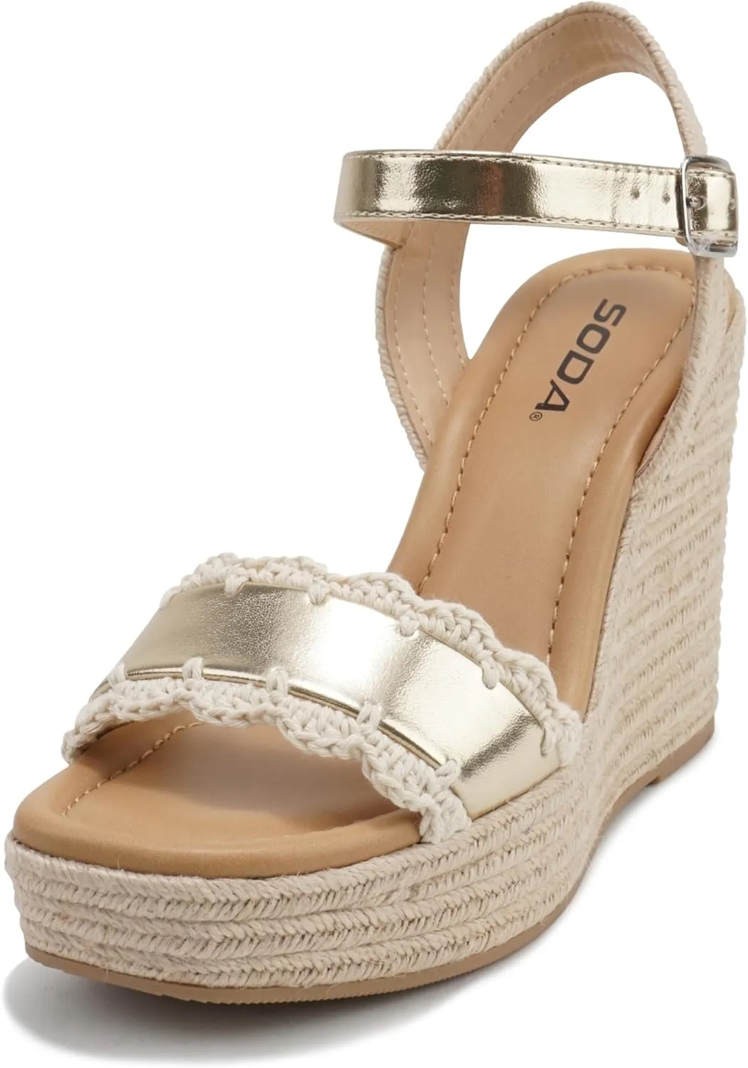 Soda “Virtual” ~ Women Square Toe Woven Single Band Espadrille Wedge Sandal with Adjustable Ankle Strap