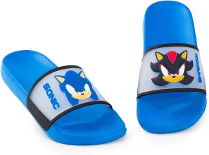 Sonic The Hedgehog Kids Blue Sliders | Casual Footwear Featuring Sonic & Shadow | Character Faces Cartoon Slip-On Shoes