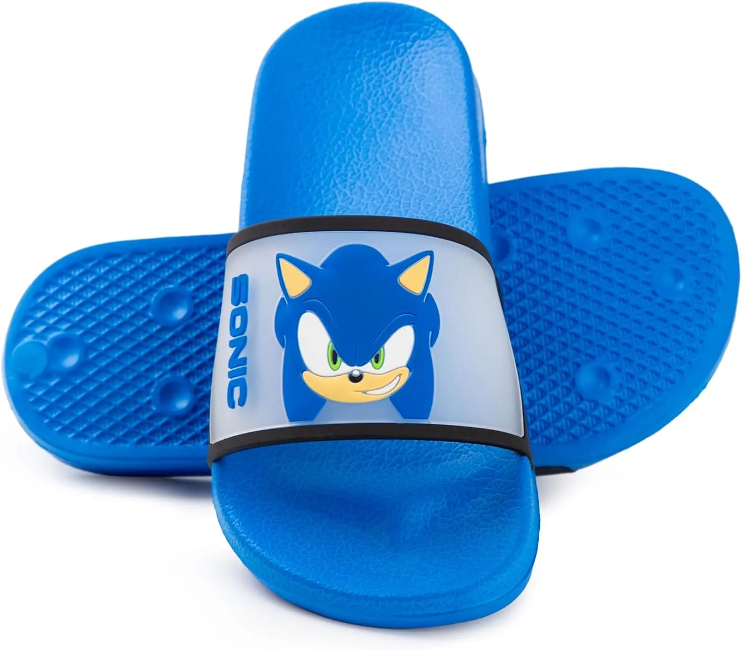 Sonic The Hedgehog Kids Blue Sliders | Casual Footwear Featuring Sonic & Shadow | Character Faces Cartoon Slip-On Shoes