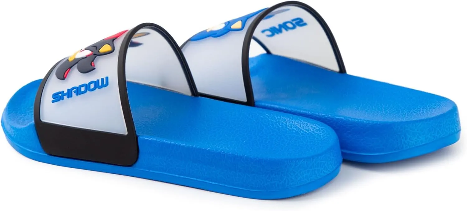 Sonic The Hedgehog Kids Blue Sliders | Casual Footwear Featuring Sonic & Shadow | Character Faces Cartoon Slip-On Shoes
