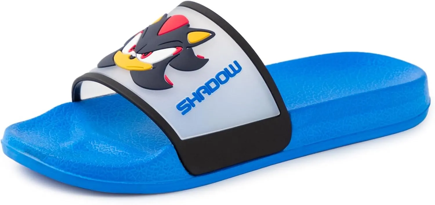 Sonic The Hedgehog Kids Blue Sliders | Casual Footwear Featuring Sonic & Shadow | Character Faces Cartoon Slip-On Shoes