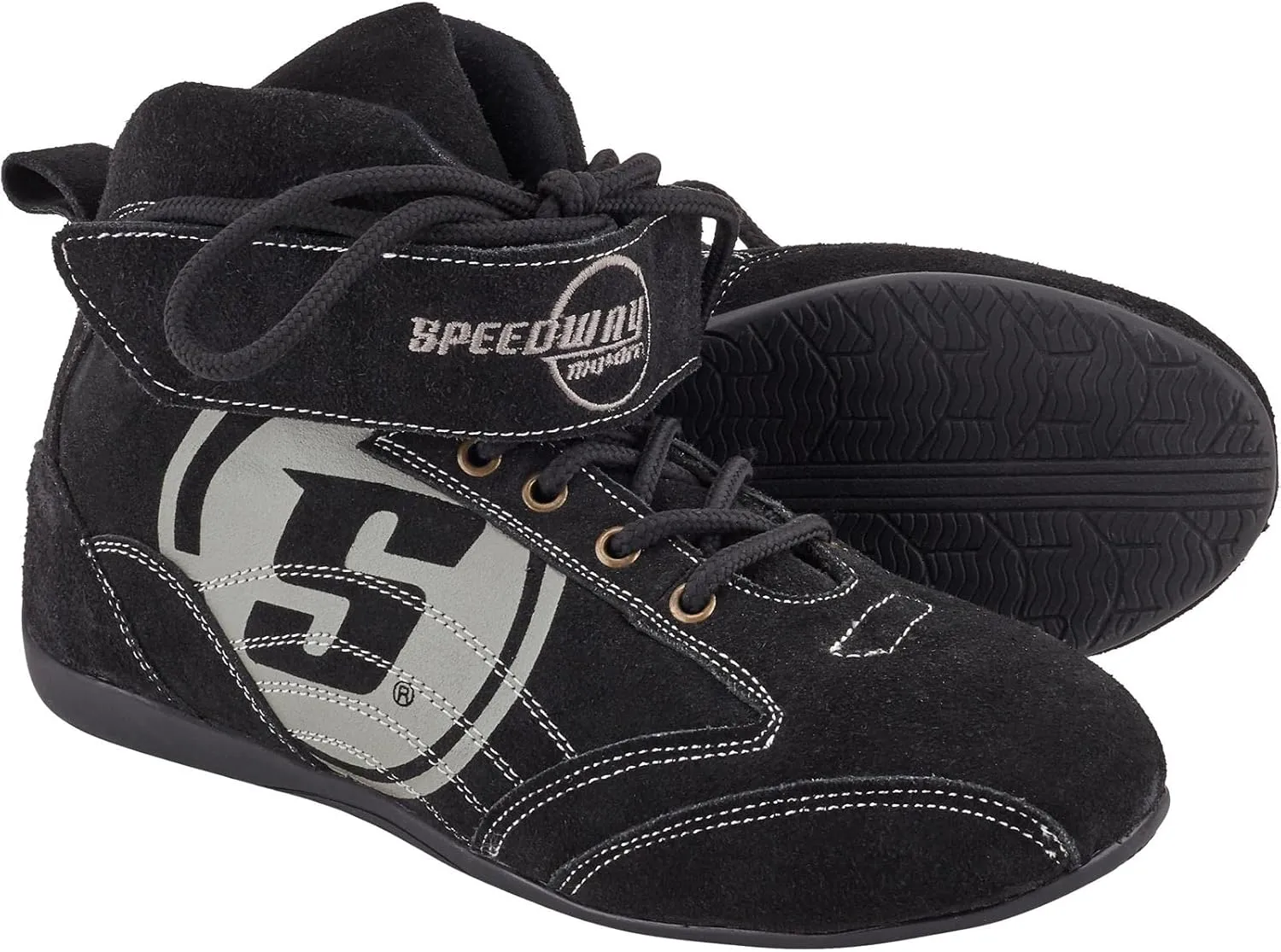 Speedway Motors Viper Mid-Top SFI 3.3/5 Racing Shoes, Size 6.5: Leather & FRC, Soft Compound Performance Sole, Reinforced Eyelets, Double Stitched, Hook-and-Loop Closure, Black with Gray Logo