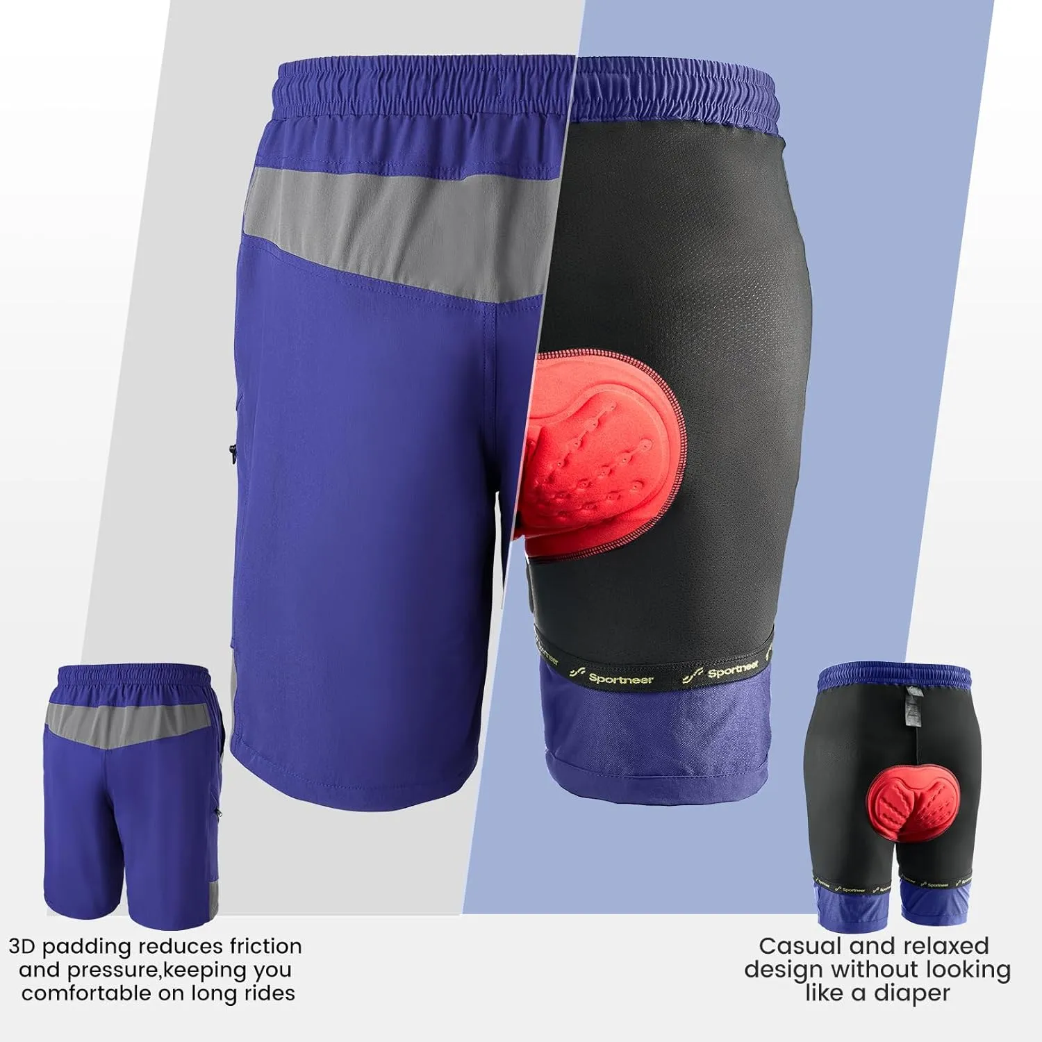 Sportneer Bike Shorts for Men: 3D Padded Lightweight Riding Biking Cycling Mountain Bike Shorts for Men with Zipper Pockets