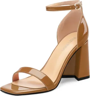 Square Open Toe Block High Heels for Women Ankle Strap Chunky Heeled Sandals Women's Summer Dress Sandal Shoes 3 Inch