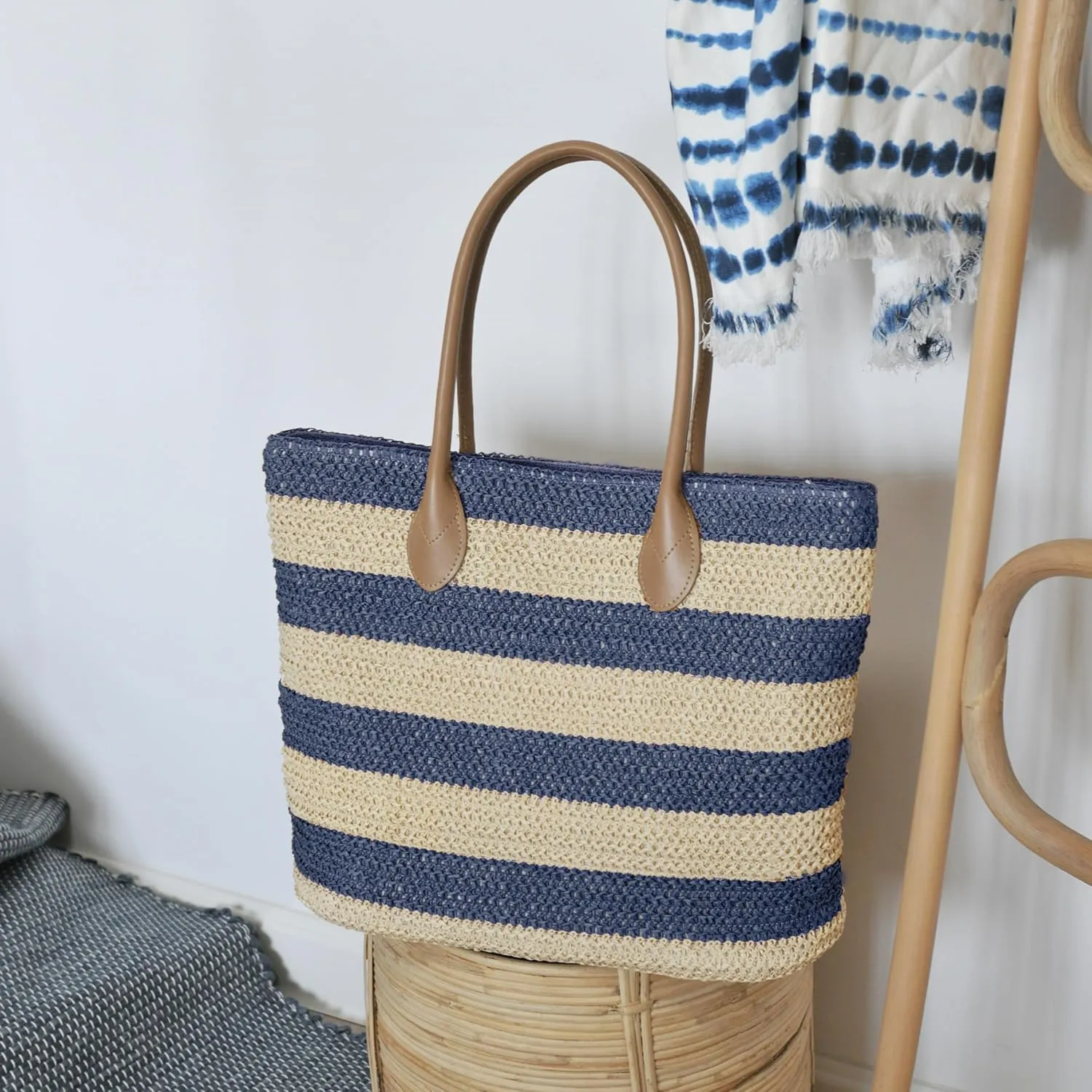 Striped Synthetic Straw Women's Tote Light Weight Vaction Shoulder Handbag